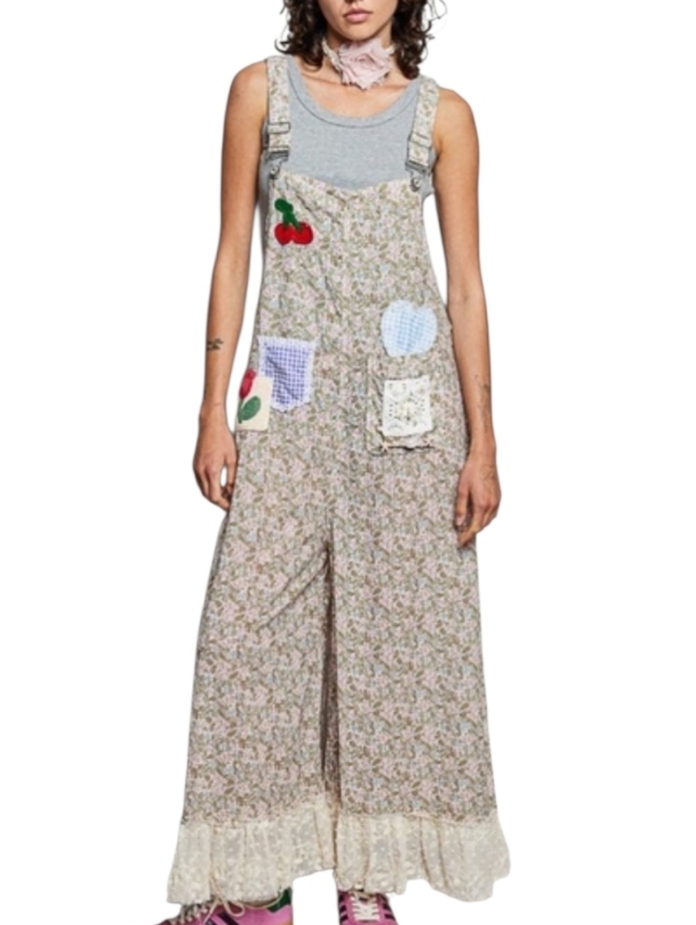 POL Patchwork Cherry Crochet Boho Floral Wide-Leg Overalls NEW